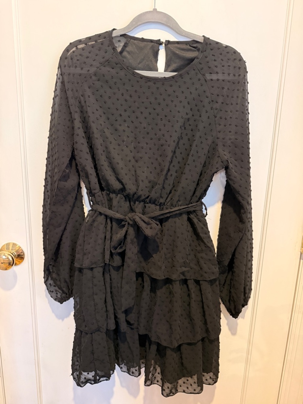 SHEIN Black Swiss Dot Long Sleeve Tiered Mini Dress